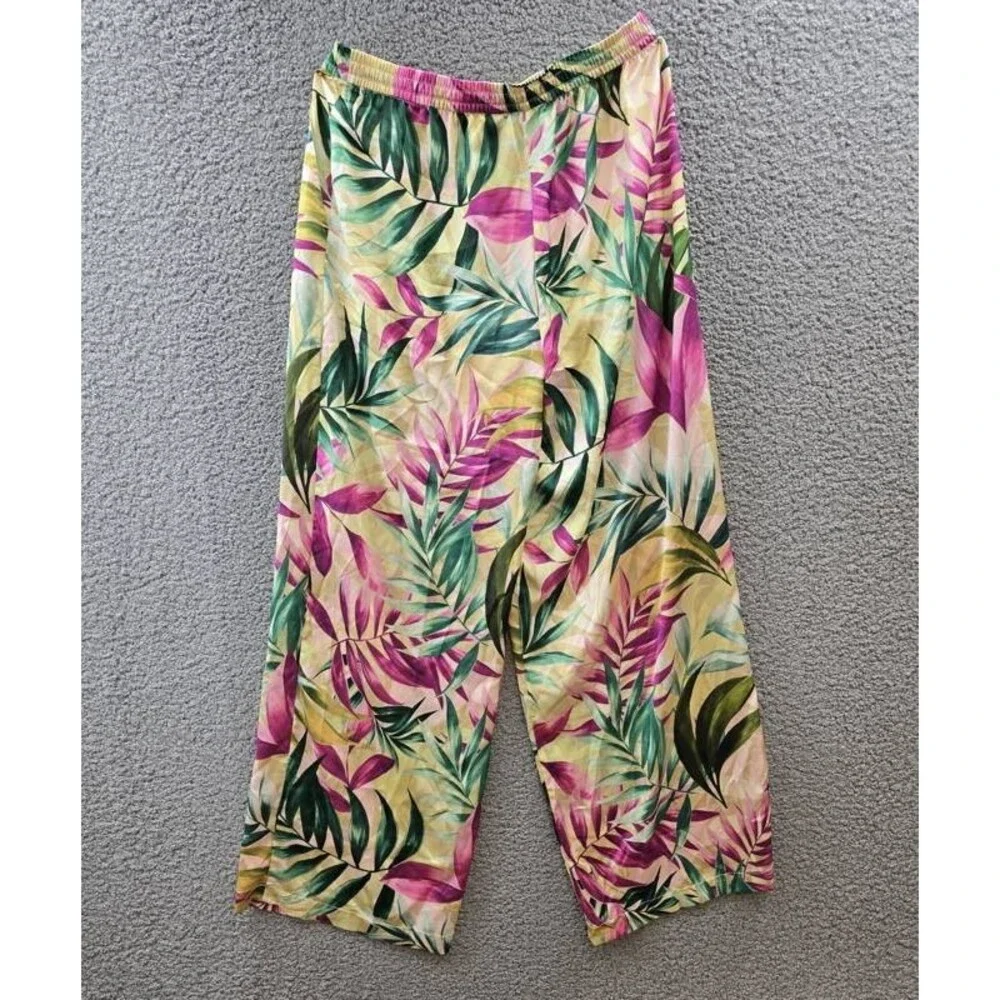 GUESS Ines Wide-Leg Pants Women's M Tropical Escape Print Elastic Waist Pull On